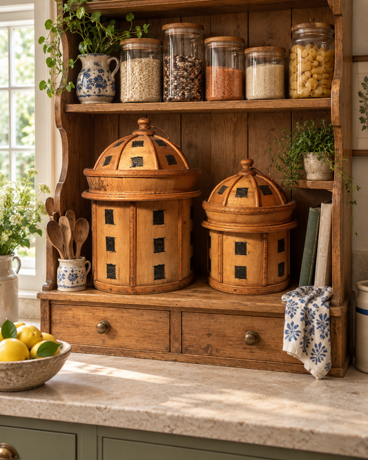 Vintage Wood-and-Metal Inlay Canister Set – Nested Pair