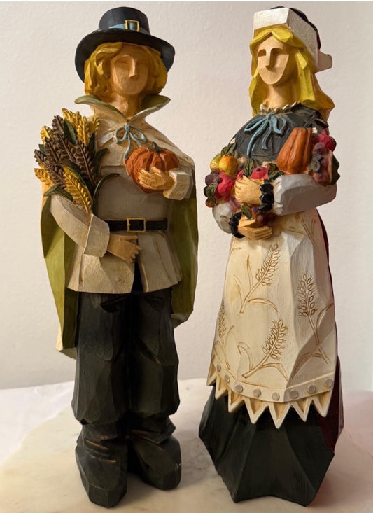 Large Folk-Art Thanksgiving Pilgrim Figurines – Matching Pair