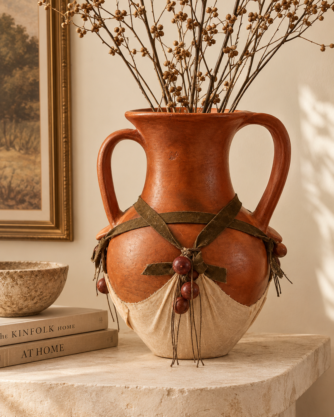 Rustic Terracotta Double-Handle Vessel – Textile & Beaded Artisan Decor