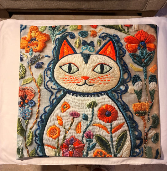 Whimsical Floral Cat 16" Decorative Pillow Cover