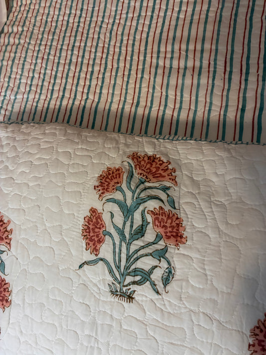 Indian Hand-Block-Printed Reversible Coral Blossom Quilt Set