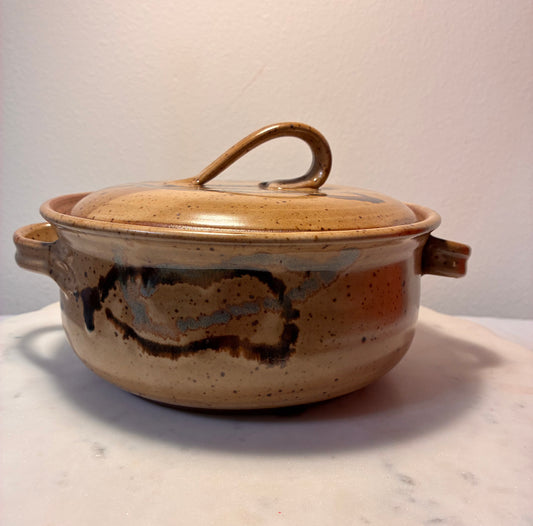 Vintage Signed Studio Pottery Lidded Casserole – Brown, Rust & Cream