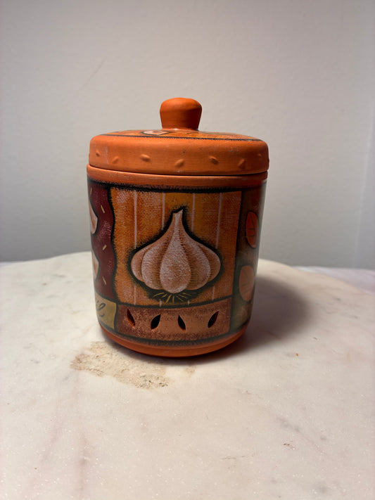 Vintage Hand-Painted Terracotta Garlic Keeper with Lid
