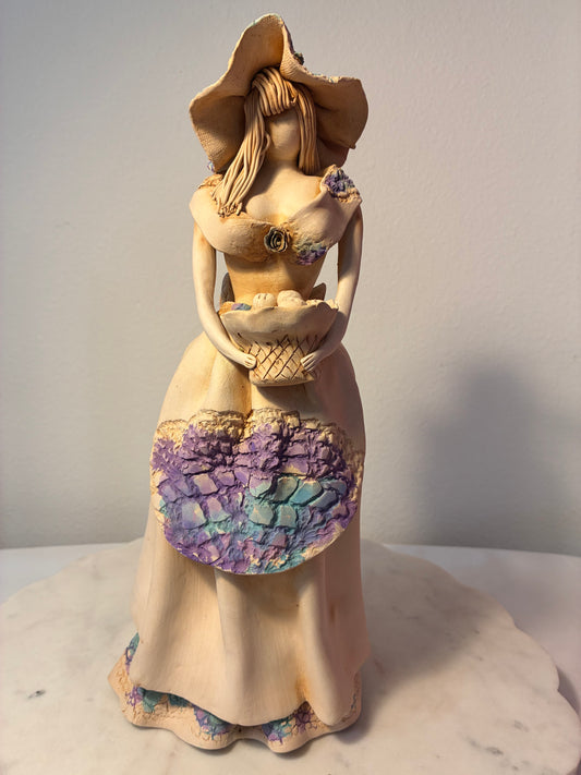 Handcrafted Clay Folk-Art Lady with Basket Figurine