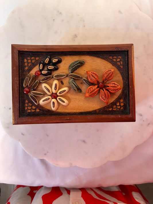 Vintage Handmade Wooden Trinket Box with Botanical Seed Art