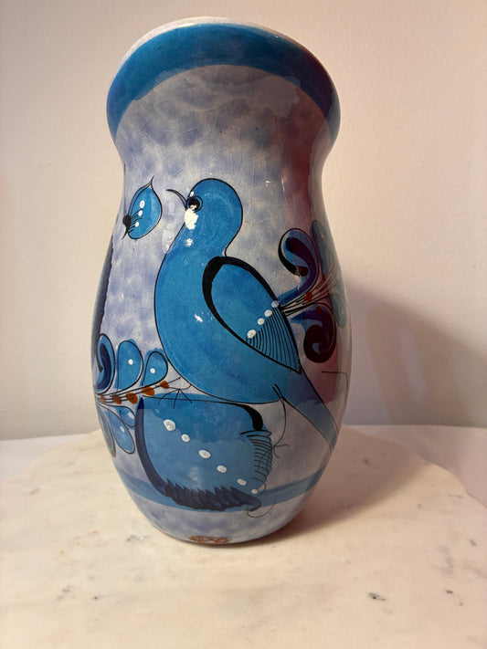 Signed Mexican Folk Art Blue Bird Ceramic Vase