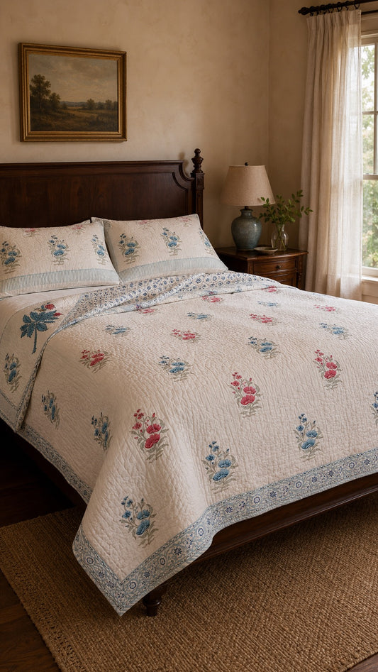 Indian Hand-Block Printed Reversible Floral Quilt Set with 2 Shams – Blue & Coral