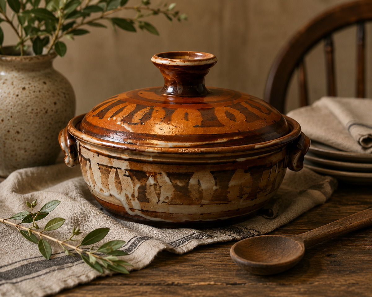 Vintage Signed Studio Pottery Lidded Casserole – Brown, Rust & Cream