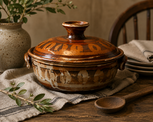Vintage Signed Studio Pottery Lidded Casserole – Brown, Rust & Cream