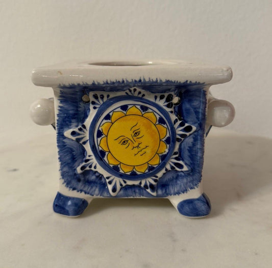 Hand-Painted Ceramic Sun Luminary – Blue & White Celestial Candle Holder