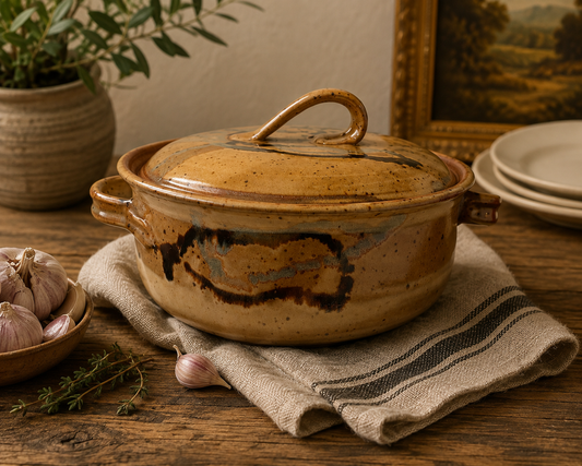 Vintage Signed Studio Pottery Lidded Casserole – Brown, Rust & Cream