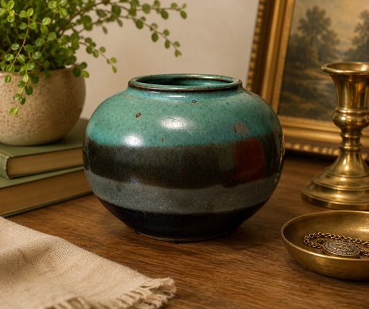 Vintage Signed Studio Pottery Round Vase / Jar – Teal & Blue