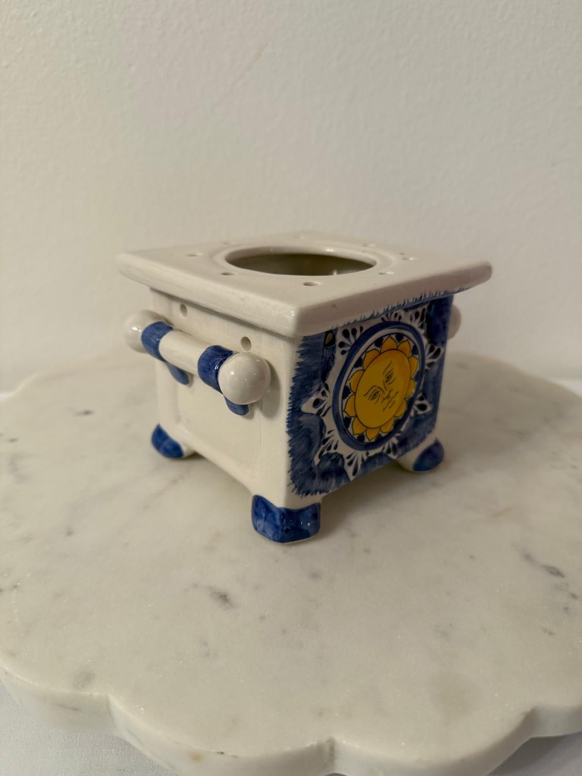 Hand-Painted Ceramic Sun Luminary – Blue & White Celestial Candle Holder