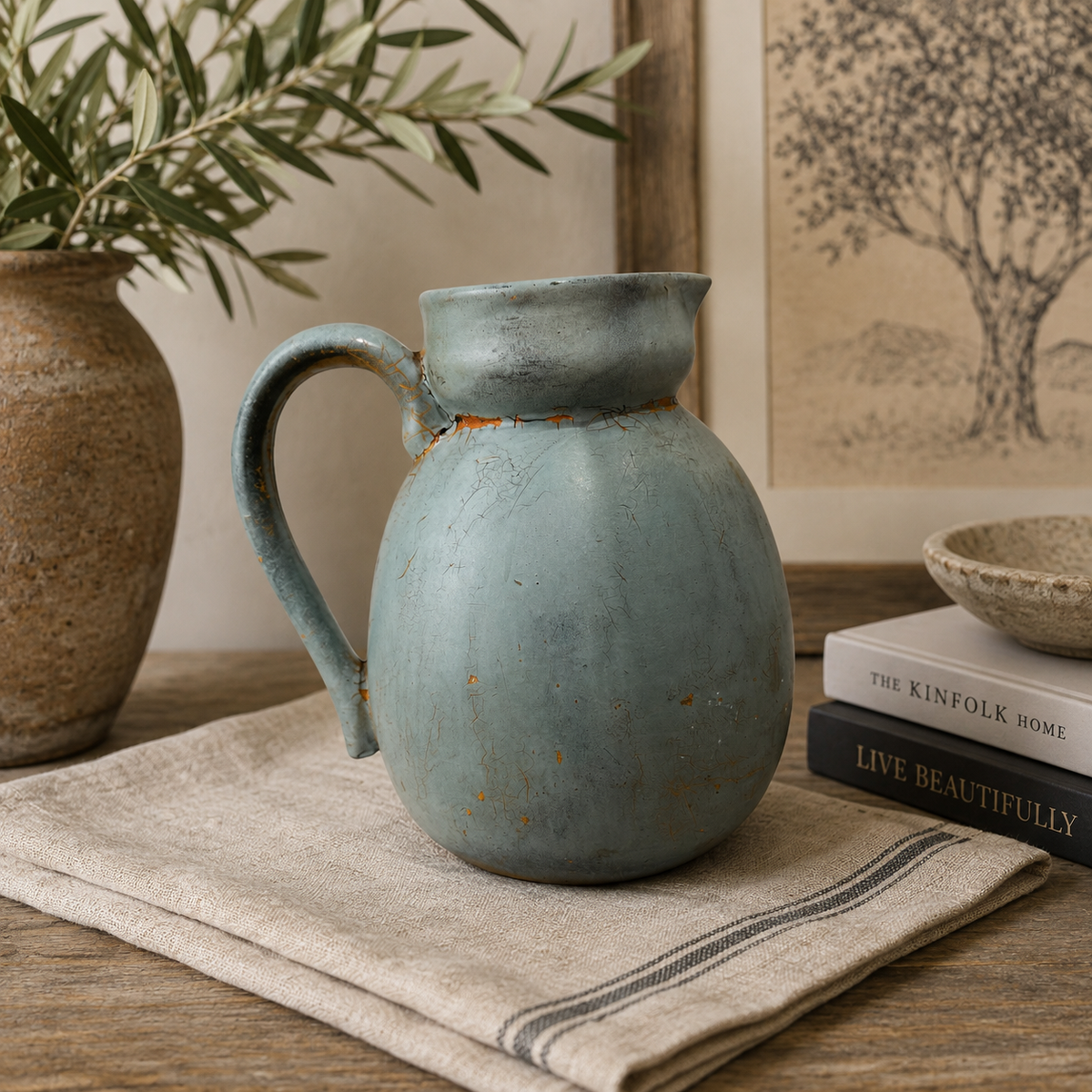 Distressed Blue-Gray Pottery Pitcher – Rustic Decorative Vessel