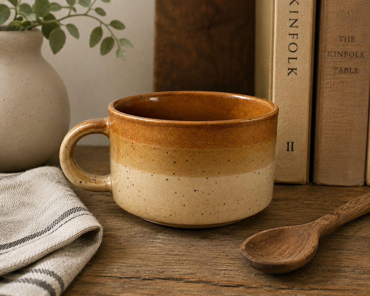Vintage Studio Pottery Stoneware Mug – Speckled Oatmeal & Caramel Brown