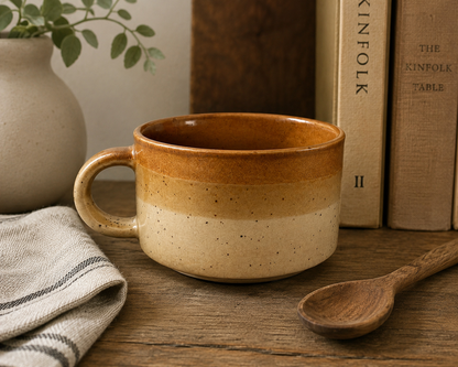 Vintage Studio Pottery Stoneware Mug – Speckled Oatmeal & Caramel Brown
