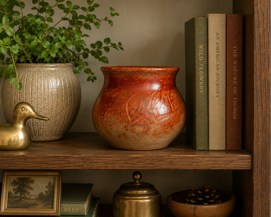 Vintage Studio Pottery Vase with Carved Leaf Design
