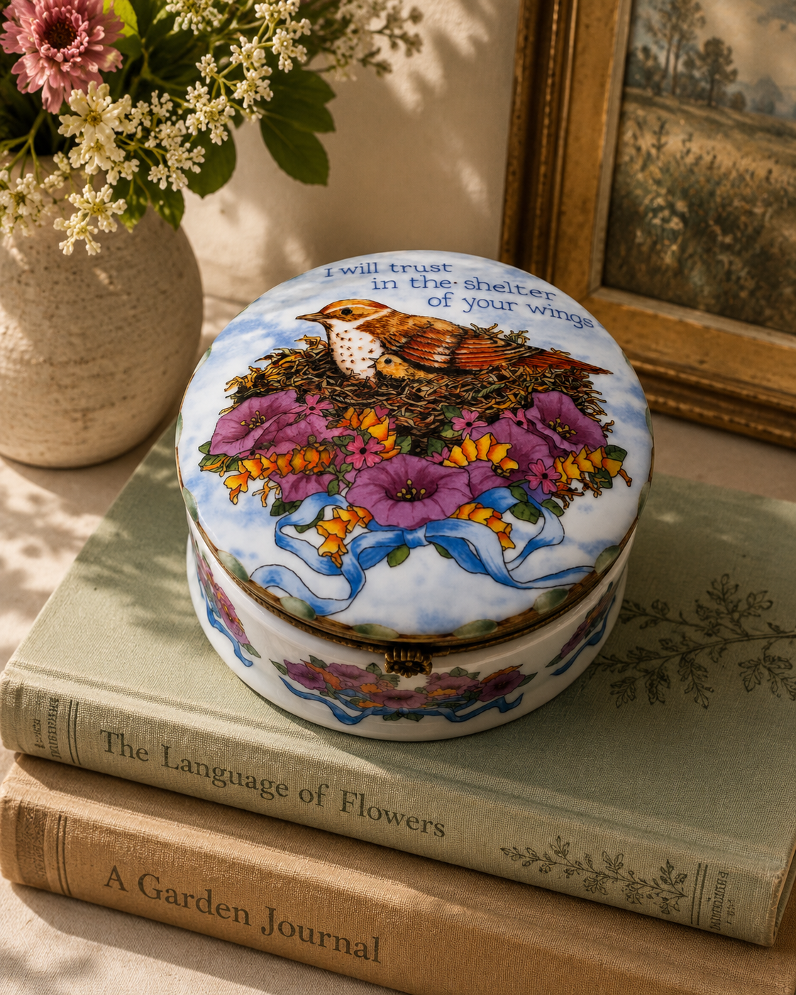 Porcelain Bird & Nest Trinket Box – “Shelter of Your Wings” Keepsake Box