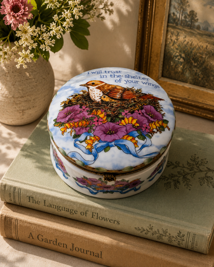 Porcelain Bird & Nest Trinket Box – “Shelter of Your Wings” Keepsake Box