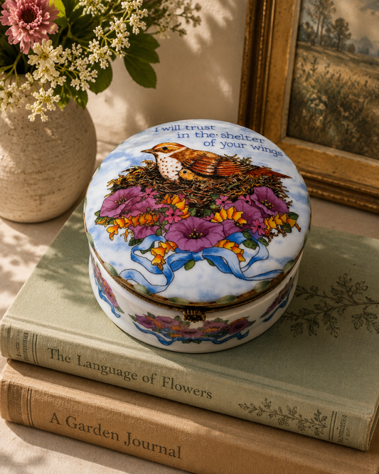Porcelain Bird & Nest Trinket Box – “Shelter of Your Wings” Keepsake Box