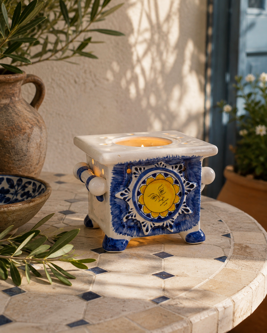 Hand-Painted Ceramic Sun Luminary – Blue & White Celestial Candle Holder