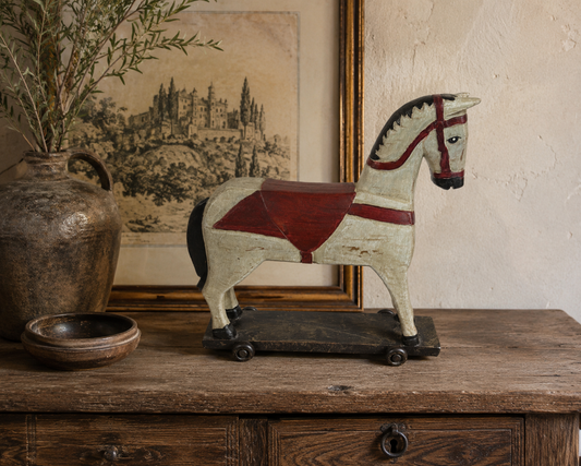 Vintage Folk Art Wooden Horse on Wheels – Hand-Painted Decorative Figurine