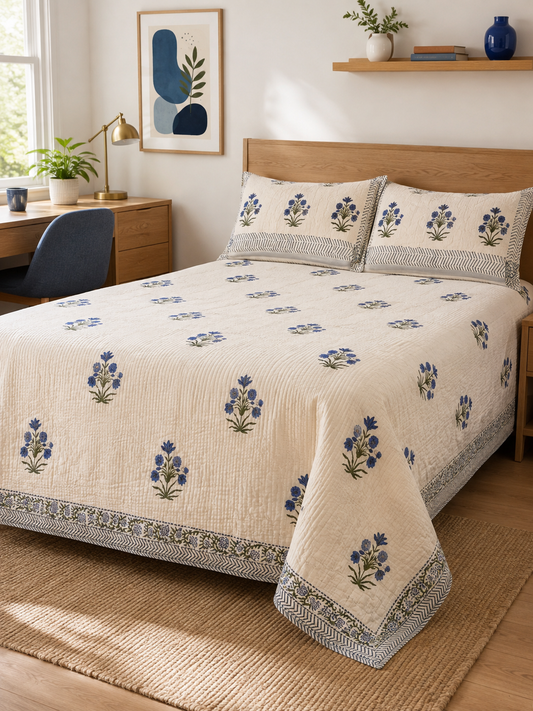 Indian Hand-Block-Printed Reversible Cotton Quilt Set – Blue Floral