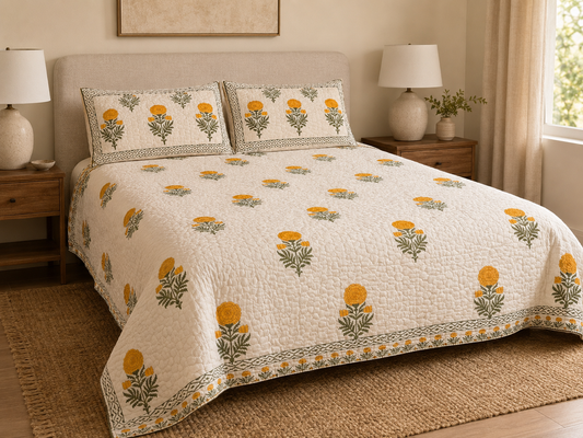Indian Hand-Block-Printed Reversible Marigold Quilt Set