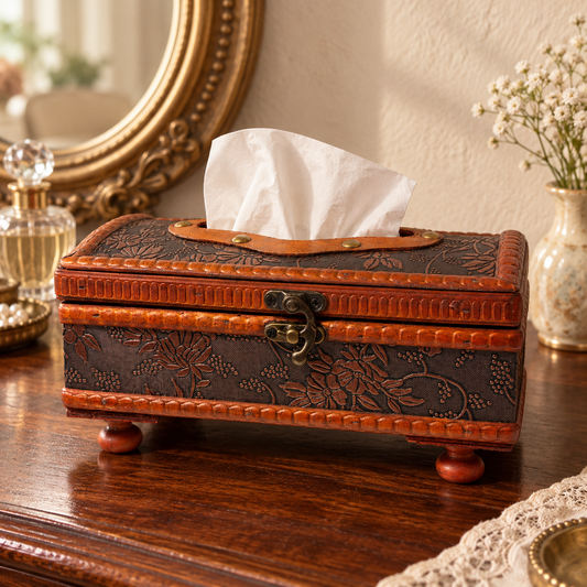 Vintage Embossed Floral Wooden Tissue Box Holder
