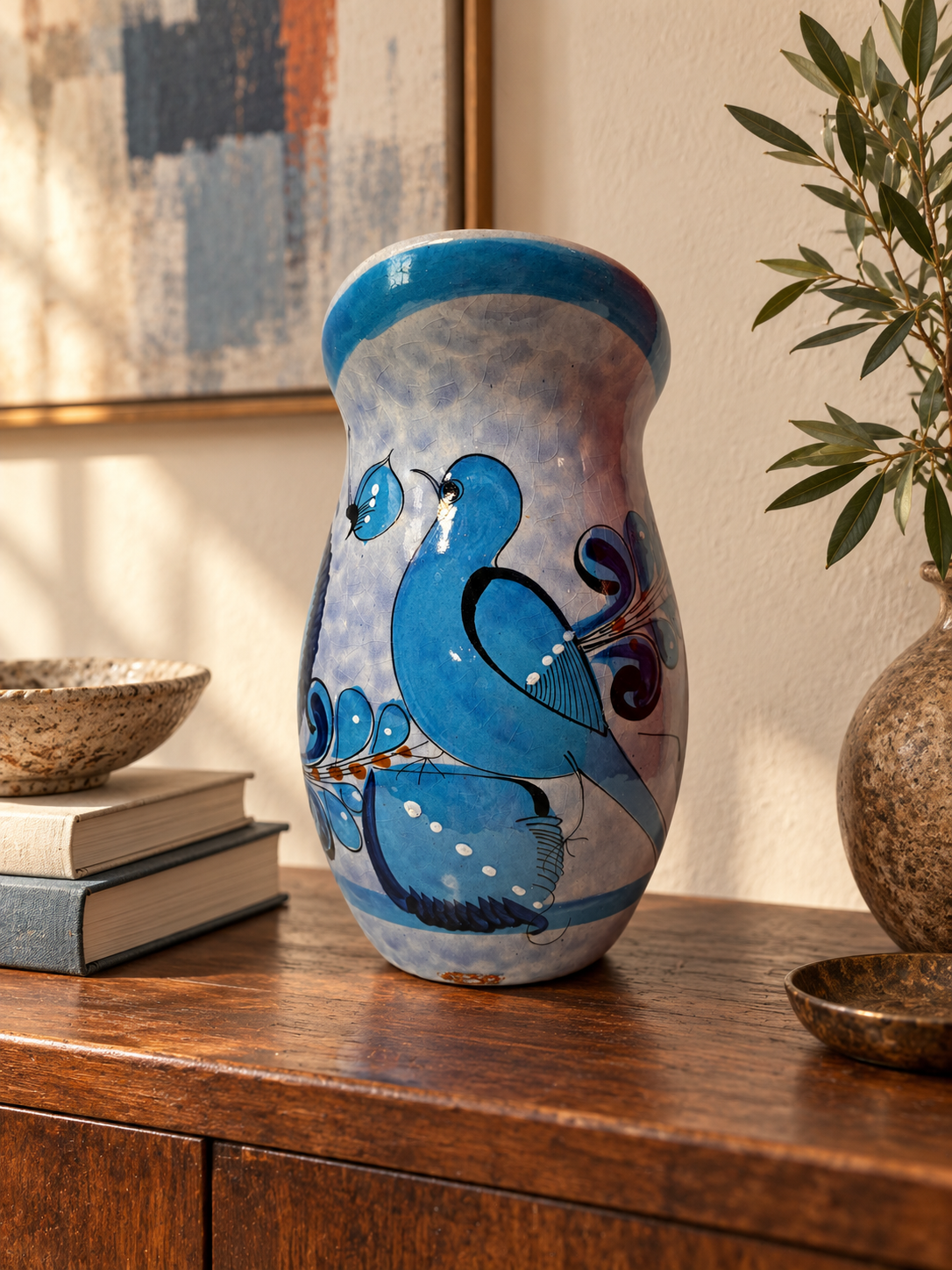 Signed Mexican Folk Art Blue Bird Ceramic Vase