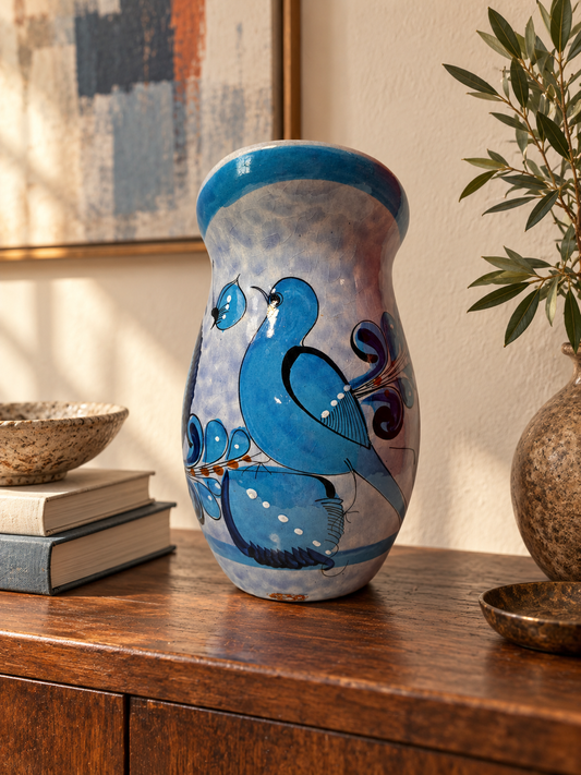 Signed Mexican Folk Art Blue Bird Ceramic Vase