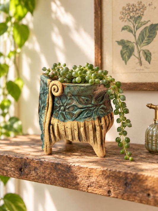 Signed Handmade Turquoise Floral Studio Pottery Planter