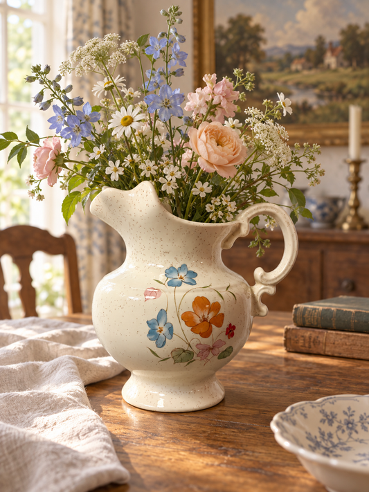 Vintage Hand-Painted Floral Ceramic Pitcher