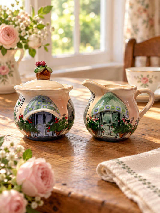 Signed Hand-Painted Cottage Creamer & Sugar Bowl Set