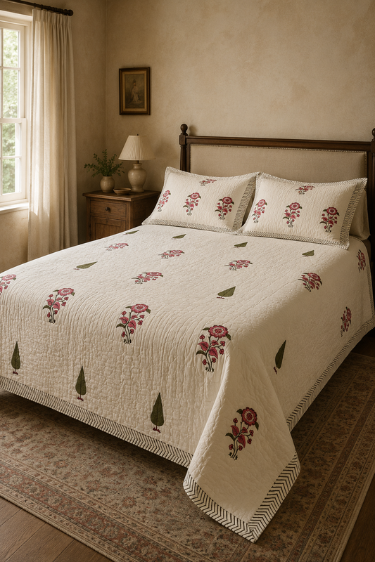 Indian Hand-Block Printed Reversible Quilt Set with 2 Shams – Ivory, Rose & Olive