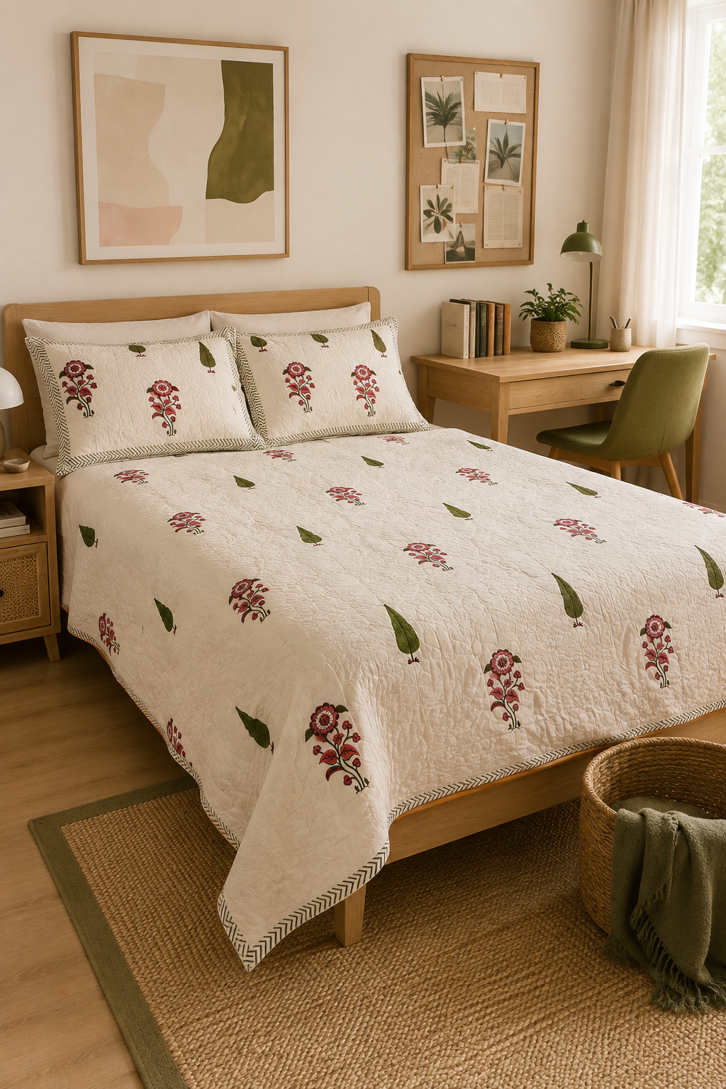 Indian Hand-Block Printed Reversible Quilt Set with 2 Shams – Ivory, Rose & Olive