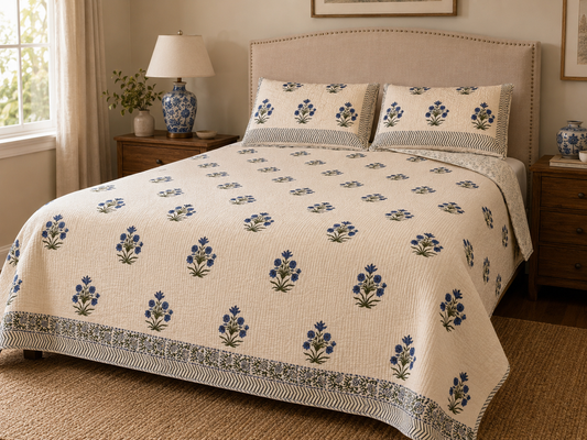Indian Hand-Block-Printed Reversible Cotton Quilt Set – Blue Floral