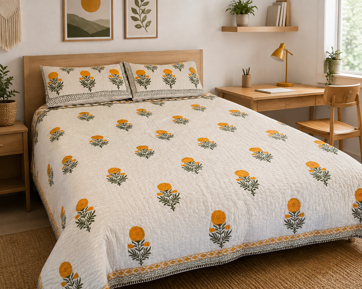 Indian Hand-Block-Printed Reversible Marigold Quilt Set