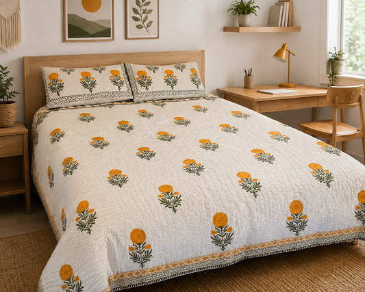 Indian Hand-Block-Printed Reversible Marigold Quilt Set