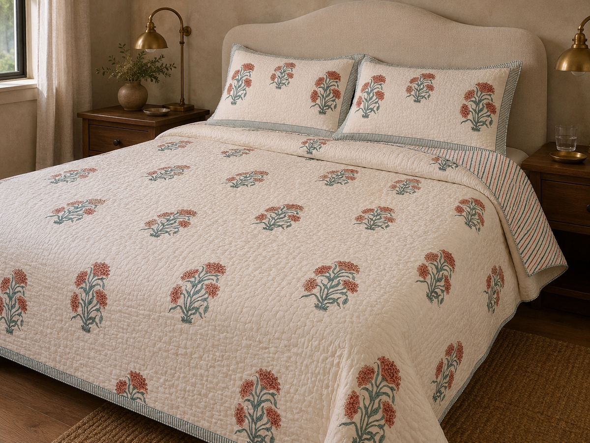 Indian Hand-Block-Printed Reversible Coral Blossom Quilt Set