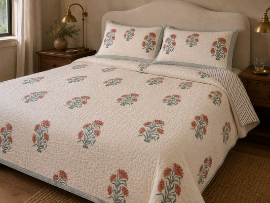 Indian Hand-Block-Printed Reversible Coral Blossom Quilt Set