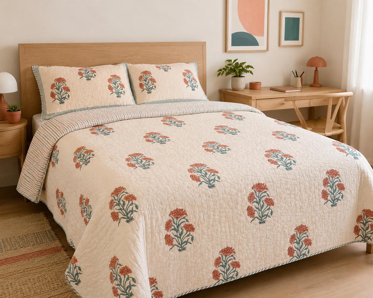 Indian Hand-Block-Printed Reversible Coral Blossom Quilt Set