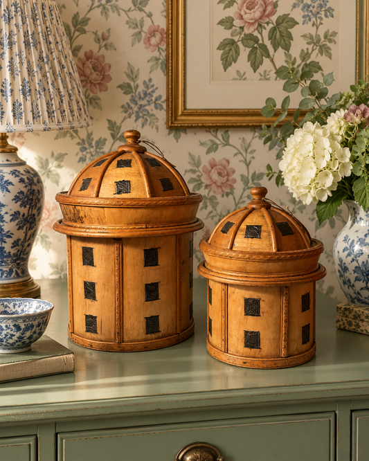 Vintage Wood-and-Metal Inlay Canister Set – Nested Pair