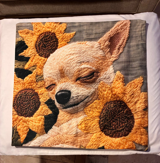 Sleeping Chihuahua & Sunflowers 16" Decorative Pillow Cover