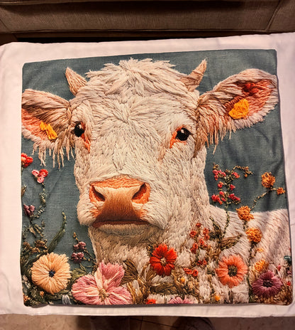 White Highland Cow & Wildflowers 16" Decorative Pillow Cover