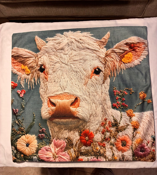White Highland Cow & Wildflowers 16" Decorative Pillow Cover
