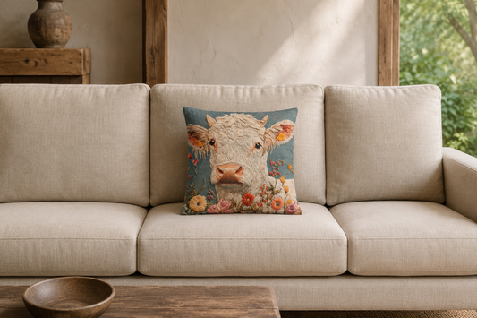 White Highland Cow & Wildflowers 16" Decorative Pillow Cover