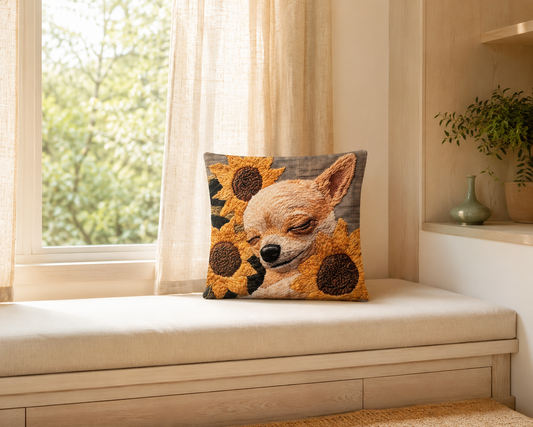 Sleeping Chihuahua & Sunflowers 16" Decorative Pillow Cover