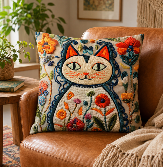 Whimsical Floral Cat 16" Decorative Pillow Cover