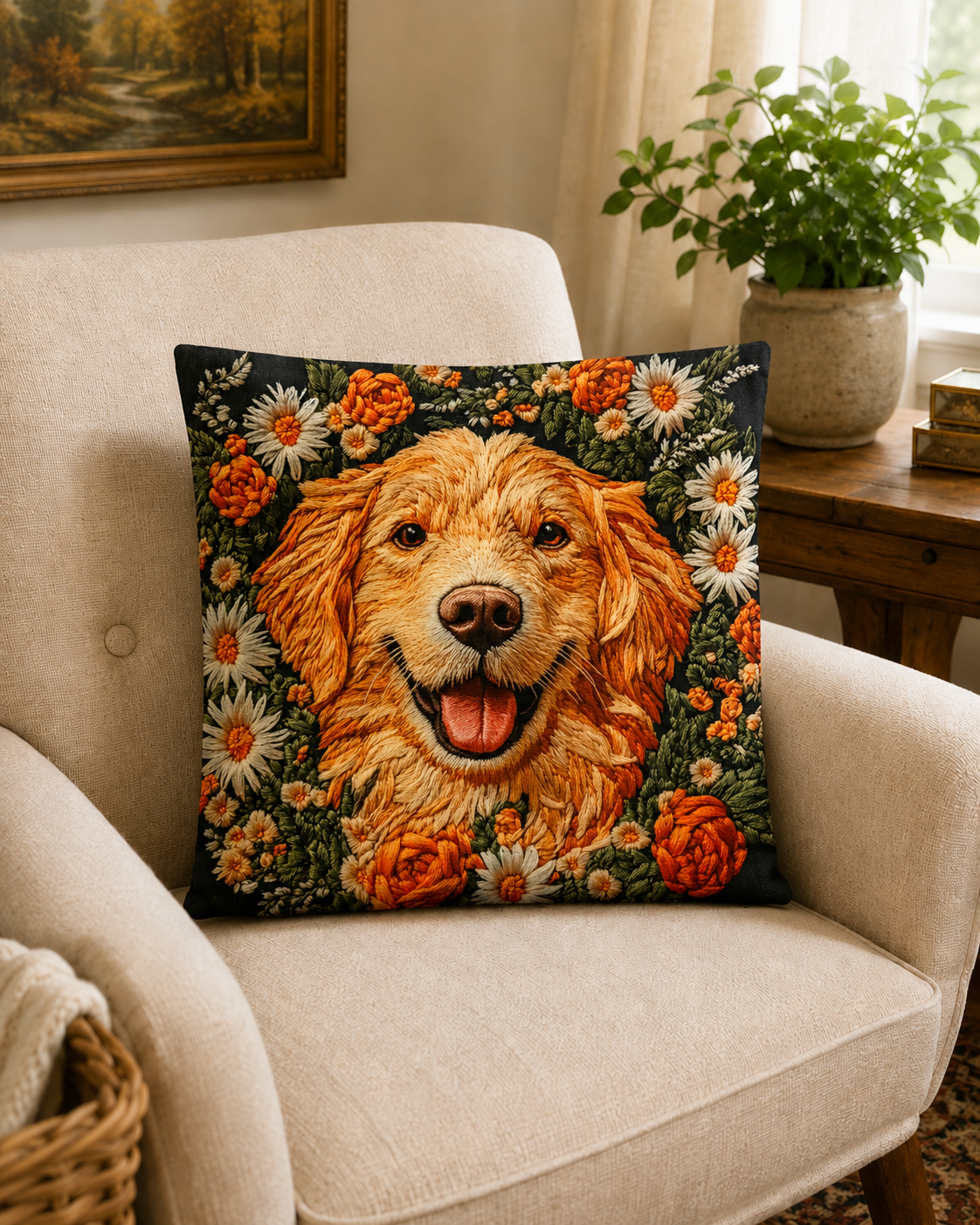 Golden Retriever Floral 16" Decorative Pillow Cover